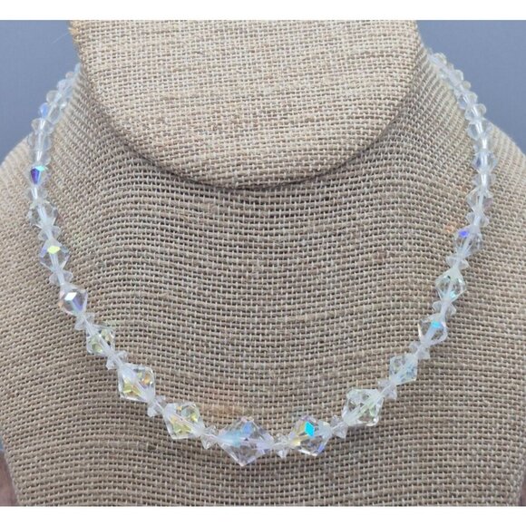 Vintage AB Crystal Collar Necklace & Clip On Cluster Earrings Set Arora Borealis - Picture 4 of 11